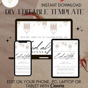 Puede incluir: Plantilla editable para una invitaci&oacute;n a una cena de celebraci&oacute;n del Eid al-Fitr. El dise&ntilde;o presenta un fondo blanco con linternas doradas y estrellas. El texto "Eid al-Fitr Dinner Party" est&aacute; escrito en letra cursiva. La invitaci&oacute;n incluye la fecha, la hora, la ubicaci&oacute;n y el nombre del anfitri&oacute;n.