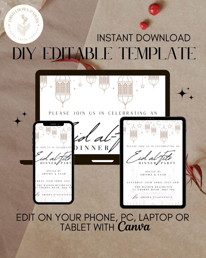 Puede incluir: Plantilla editable para una invitaci&oacute;n a una cena de celebraci&oacute;n del Eid al-Fitr. El dise&ntilde;o presenta un fondo blanco con linternas doradas y estrellas. El texto "Eid al-Fitr Dinner Party" est&aacute; escrito en letra cursiva. La invitaci&oacute;n incluye la fecha, la hora, la ubicaci&oacute;n y el nombre del anfitri&oacute;n.