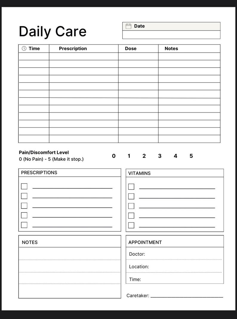 Chemo Care Daily Log, Printable Cancer Treatment Tracker, Medication ...