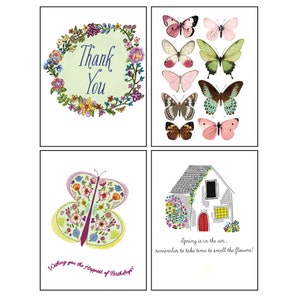 Cartões ilustrados de primavera. Cartões de notas coloridos da primavera. Feliz Primavera. Cartões de aniversário de primavera. Cartões de borboleta vintage. Florais Obrigado.