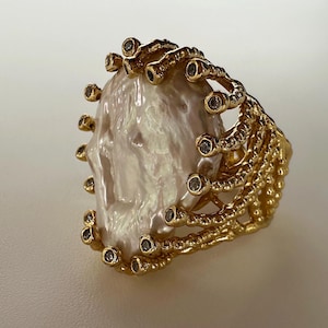 Barockperlen-Ring | Verstellbar Vergoldet 18 kt | Statement Edel Luxuriös Geschenk Damen Schmuck