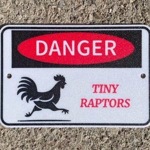 Può includere: Un cartello rettangolare bianco con angoli arrotondati, con la parola "DANGER" in bianco su un ovale rosso e un'illustrazione di gallo nero. Sotto, il testo recita "TINY RAPTORS" in rosso.