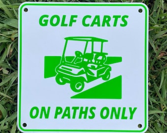 Letrero de "Solo carritos de golf en los senderos", decoración de seguridad para golf, blanco vibrante con letras verdes, muy visible