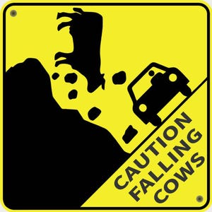 Può includere: Segnale stradale giallo con grafica e testo neri. Il segnale raffigura una mucca che cade da una scogliera, un'auto e le parole "CAUTION FALLING COWS". Il segnale ha un bordo nero ed è montato con due rivetti.