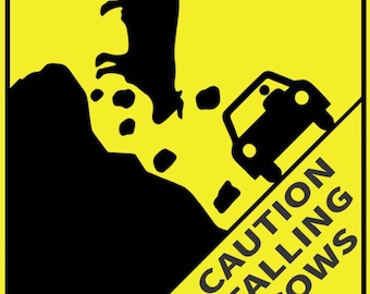 Caution Rocks And Falling Cows Funny Road Sign In Vibrant Yellow With Black Lettering Highly Visible Indoor Outdoor Customizable