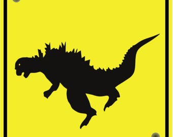 Sinal de sinalização rodoviária com o símbolo do Godzilla Xing Diamond em amarelo vibrante com letras pretas. Alta visibilidade, para uso interno e externo. Personalizável.