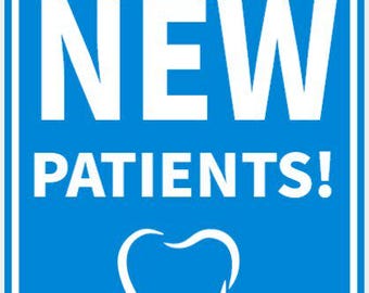 Akzeptieren der neuen Patienten Zahnambulanz Schild in kräftigem Blau mit weißer Beschriftung Gut sichtbar für Innenräume und Außenbereiche anpassbar