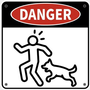 Fara Hund kommer att bita Risk Skylt i livfull vit med svart text Väl synliga inomhus- och utomhusskyltar Anpassningsbara miniskyltar