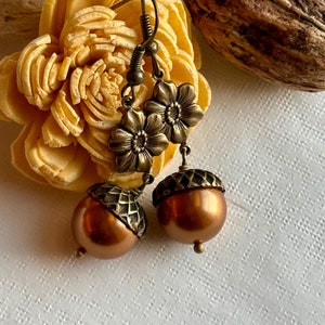 Rustic Acorn Drop Earrings – Vintage Brass & Copper Pearl Dangles