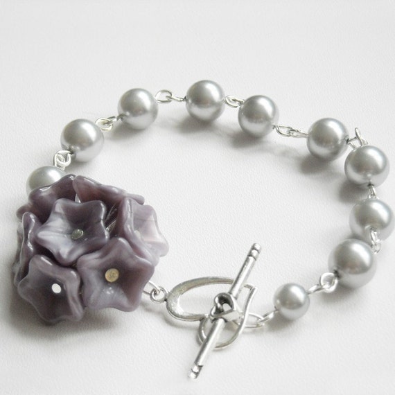 Purple Flowers Charm Bracelet Silver pearls necklace wedding Etsy