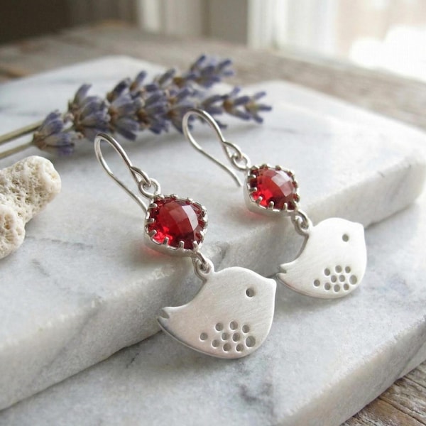 Silver Plated Sparrow Dangle Earrings, Ruby Crystal Bird Drop Earrings