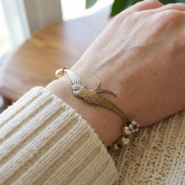 Messing Schwalbe Armband, Bronze Perlen, Vintage Vogel Armreif