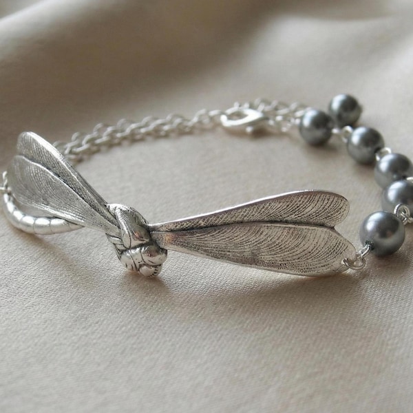Silver Plated Dragonfly Bracelet – Gray Glass Pearls, Adjustable Bangle