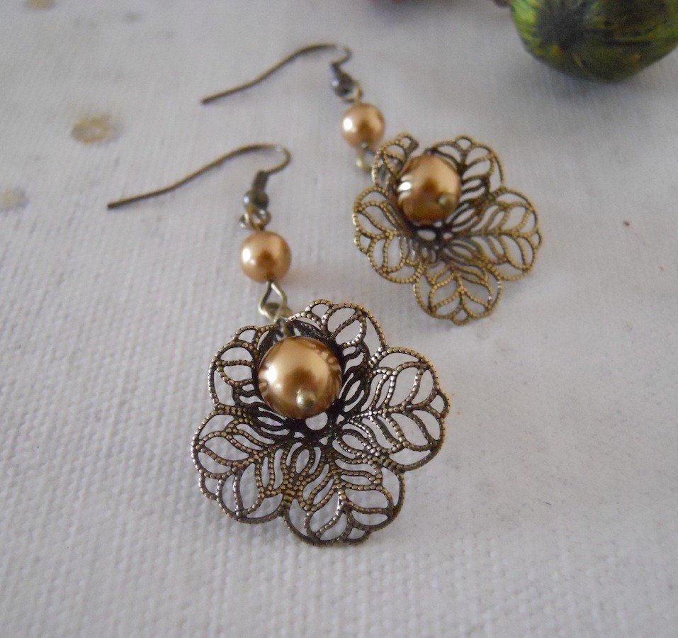 Earrings, Lily Drop Vintage Earrings-Golden Pearl, Dangle, Drop, Chandelier, Hoop, Eco-Friendly, Wedding, Bridal, Brass, Gift, Free Shipping