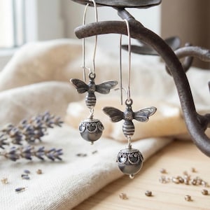 Silver Plated Bee Drop Earrings, Gray Pearl, Flower Cap