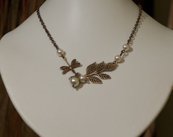 Nature Pendant Necklace, Branch and Dragonfly Necklace, Statement necklace, Lariat, Choker, Wedding Necklace, Free Shipping, Brass