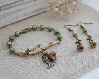 Conjunto de pulsera y pendientes de rama de latón: flor, hoja y perla de olivino