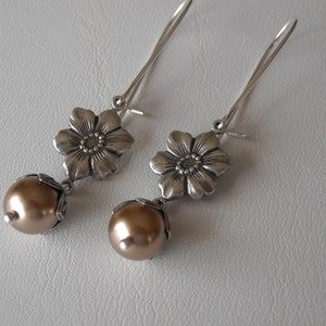 Silver earrings, Flower earrings, bronze pearl earrings, Drop Earrings, Dangle earrings, Cluster, Earrings, Wedding Earrings ,Bridal, Gift