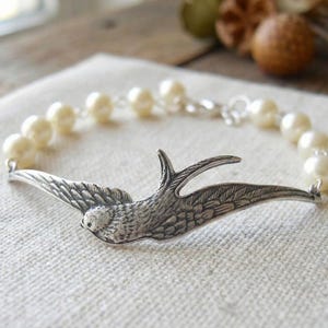 Silver Swallow Bracelet with Ivory Pearls, Bridal Jewelry
