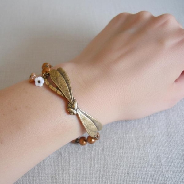 Vintage Messing Libellen Armband - Kupferperlen und Blumen Charms