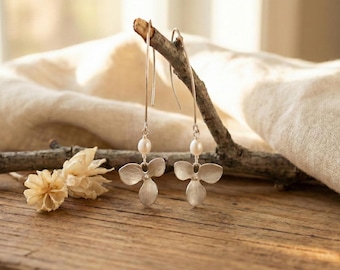 Silver Plated Orchid Dangle Earrings, Freshwater Pearl Drop Earrings