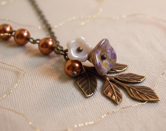 Vintage Brass Leaf Necklace, Copper Pearls, Nouveau Floral
