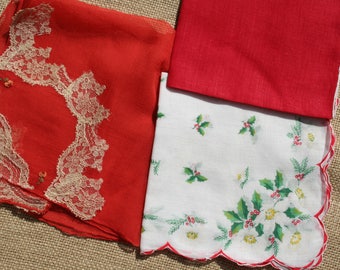 Vintage Christmas Hankies Handkerchief Lot of 3