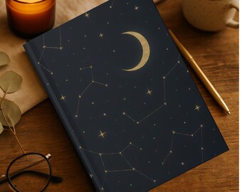 Crescent Moon Constellations Hardcover Matte Journal, 150 Lined Pages, Perforated Tear-Outs, Flexible Case Wrap
