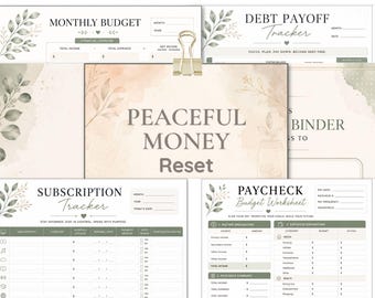 Peut inclure: Ensemble de feuilles de planification financière imprimables avec une palette de couleurs douces et neutres. Les feuilles comprennent des modèles pour les budgets mensuels, le suivi du remboursement de la dette, le suivi des abonnements et la budgétisation des chèques de paie. La phrase "Peaceful Money Reset" est bien en évidence.