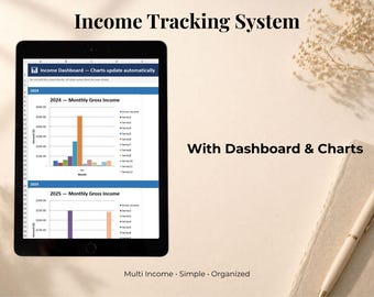 Peut inclure: Tablette noire affichant un tableau de bord de système de suivi des revenus avec des graphiques. L'écran montre les données mensuelles du revenu brut pour 2024 et 2025. Le texte "Income Tracking System" est visible. Un bloc-notes et un stylo sont également présents.