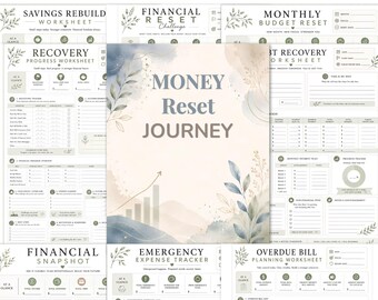 Peut inclure: Ensemble de feuilles de calcul de planification financière avec un design aquarelle. La feuille de calcul centrale indique "Money Reset Journey" avec un graphique ascendant. D'autres feuilles incluent "Savings Rebuild" et "Monthly Budget Reset".