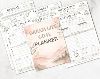 Peut inclure: Un ensemble de feuilles de planification imprimées comprenant une page de couverture intitulée Dream Life Goal Planner avec une illustration de paysage à l'aquarelle, ainsi que des fiches pour la planification d'obstacles, la réflexion sur les progrès et les habitudes.