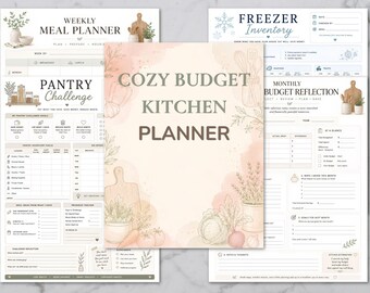 Peut inclure: Un ensemble de pages de planification de cuisine avec une page de couverture intitulée COZY BUDGET KITCHEN PLANNER. Le lot comprend un planificateur de repas hebdomadaire, une fiche de défi garde-manger, un inventaire congélateur et un budget.