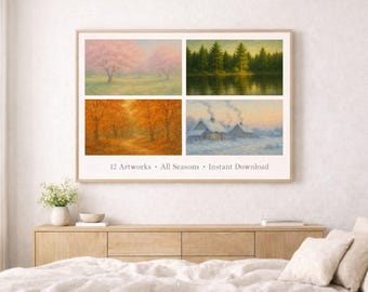 Peut inclure: Une œuvre d'art encadrée présentant quatre peintures de paysages représentant les saisons. En haut à gauche, des arbres en fleurs roses, en haut à droite, une forêt et un lac, en bas à gauche, des arbres d'automne et en bas à droite, une scène enneigée.