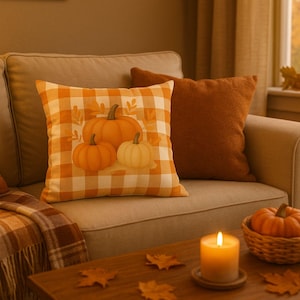Pumpkin Gingham Throw Pillow - Fall Plaid Square Pillow for Couch or Bed, Autumn Home Décor, Spun Polyester Accent Pillow