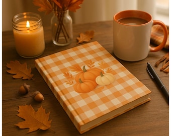 May include: A fall-themed still life featuring a notebook with a pumpkin design, a lit candle, a mug of coffee, and autumn leaves. The notebook has an orange and white checkered pattern. A black pen rests on the wooden surface.