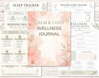 Peut inclure: Un ensemble de journaux et de trackers de bien-être avec un design doux à l'aquarelle. La couverture centrale du journal indique "Calm & Cozy Wellness Journal" avec des accents floraux. D'autres pages incluent un suivi du sommeil, une routine matinale et un journal de réflexion sur le bien-être.