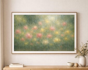 Peut inclure: Une impression d'art encadrée présentant un motif floral abstrait. L'œuvre d'art montre une vue floue et impressionniste de fleurs roses et jaunes sur un fond vert. Le cadre est en bois naturel et chaleureux, ce qui ajoute à l'esthétique de l'œuvre.
