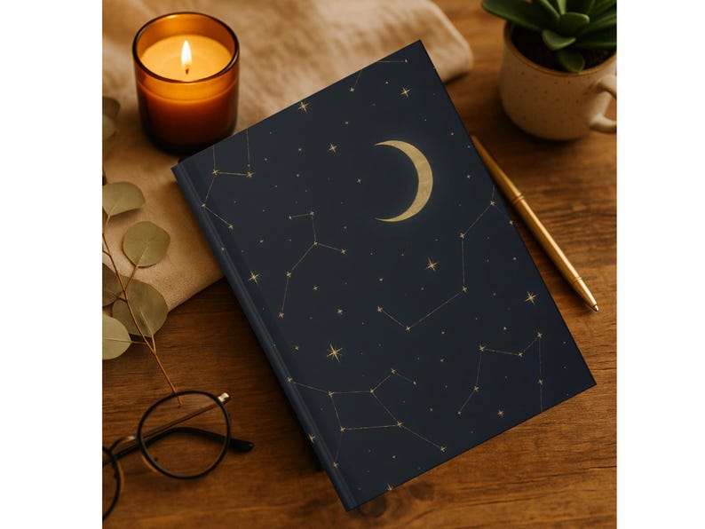 May include: A dark blue journal with a gold crescent moon and constellation design. The journal is on a wooden surface with a lit candle, a pen, and a small plant. The cover features gold stars and connected lines.