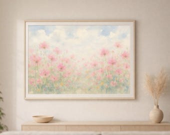 Peut inclure: Une impression encadrée à l'aquarelle d'un champ de fleurs roses sous un ciel bleu nuageux. L'œuvre est exposée au-dessus d'un meuble en bois, avec un vase et un bol décoratifs. L'esthétique générale est douce et sereine.
