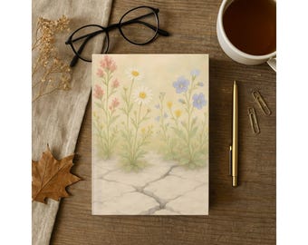 May include: A floral journal with a watercolor design of wildflowers in pink, white, and blue. The journal is on a wooden surface with a pen, glasses, and a cup of tea.