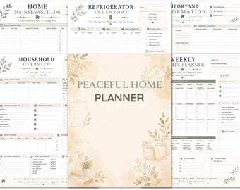 Peut inclure: Un ensemble de planificateurs domestiques imprimables avec une palette de couleurs douces et neutres. Le "Peaceful Home Planner" est au centre, entouré de pages pour l'entretien, l'inventaire et la planification hebdomadaire. Illustrations botaniques et texte.