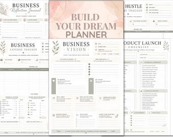 Peut inclure: Ensemble de pages de planification d'entreprise avec le texte « BUILD YOUR DREAM PLANNER ». Les pages comprennent des sections pour la réflexion, le suivi des dépenses, la vision et des listes de contrôle de lancement de produits. La conception est principalement blanche avec des accents gris et roses.
