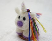 Tiny Unicorn Sculpture, Posable and Jointed White and Purple Needle Felted Wool Mythical Creature with Rainbow Mane, Animal Art for Charity