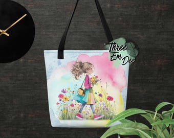 Bolsa de compras de primavera con estampado de acuarela de niña con pinceladas coloridas y fondo impreso por sublimación