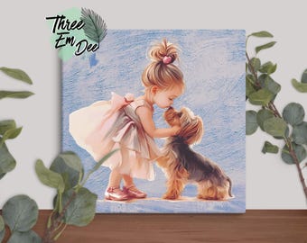 Acuarela de una niña pequeña con su cachorro, lienzo de 50x50 cm para decoración de pared de habitación infantil