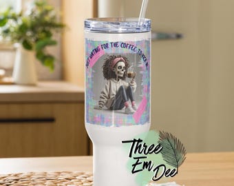 waiting for the coffee to kick in tired skeleton mom graphic pastel background sublimation printed 40oz tumbler