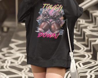 touch down faded vintage style football cherries brushstroke background DTG printed womens oversized cozy graphic sweatshirt