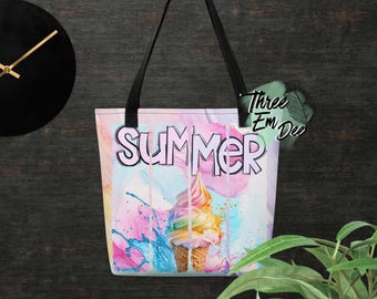Borsa da spiaggia stampata a sublimazione con grafica di gelato estivo, acquerelli al neon e pennellate pastello