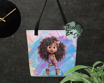 quirky girl curly hair boho style clipart graphic pastel colored brushstroke background sublimation printed shopping tote bag